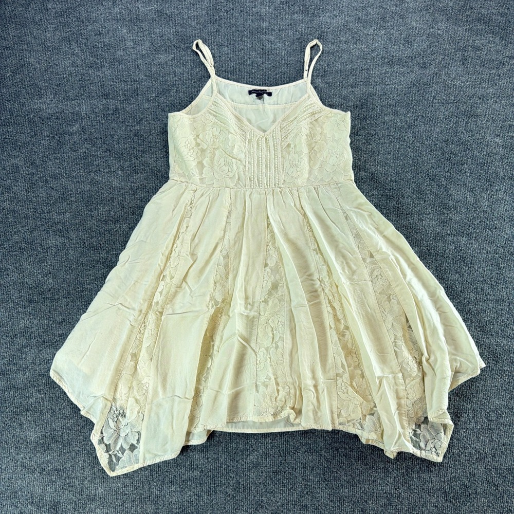 American‎ Eagle Cream Lace Handkerchief Hem Boho Mini Dress Ivory Size 10